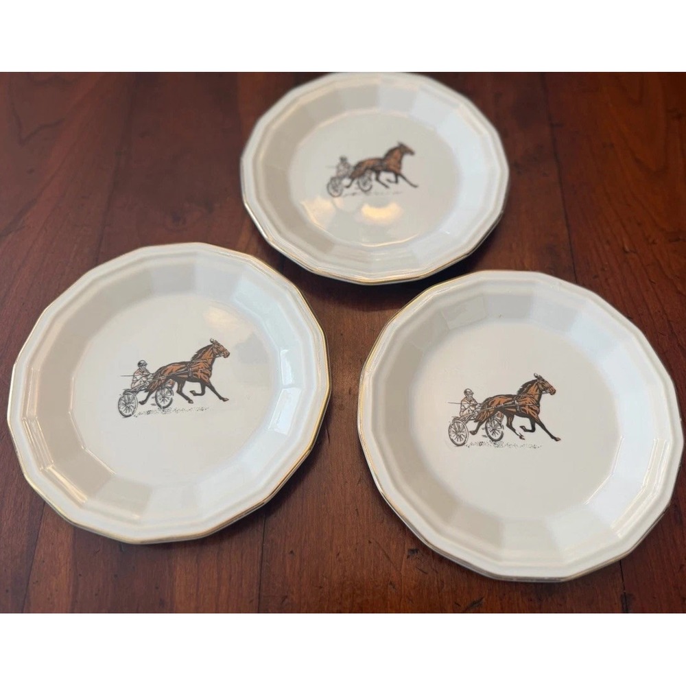 Set of 3 Vintage Horse Harness Racing Small Plates Unmarked White Gold